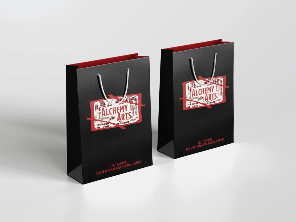 Burnish Point Alchemy Arts Brand Identity Logo Two Small Bags for Merchandise